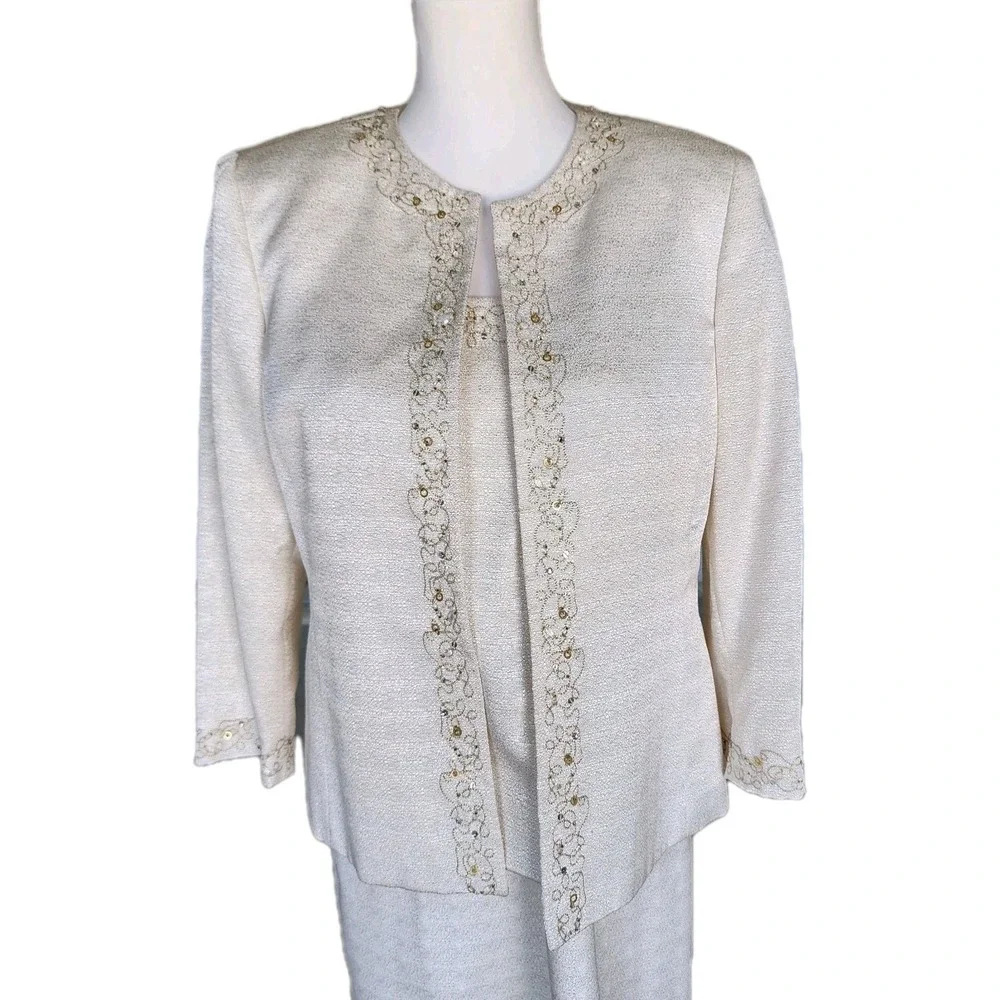 Vintage Kasper 3pc Skirt Suit Womens 10 Cream Jacket Shell Skirt Beading Wedding